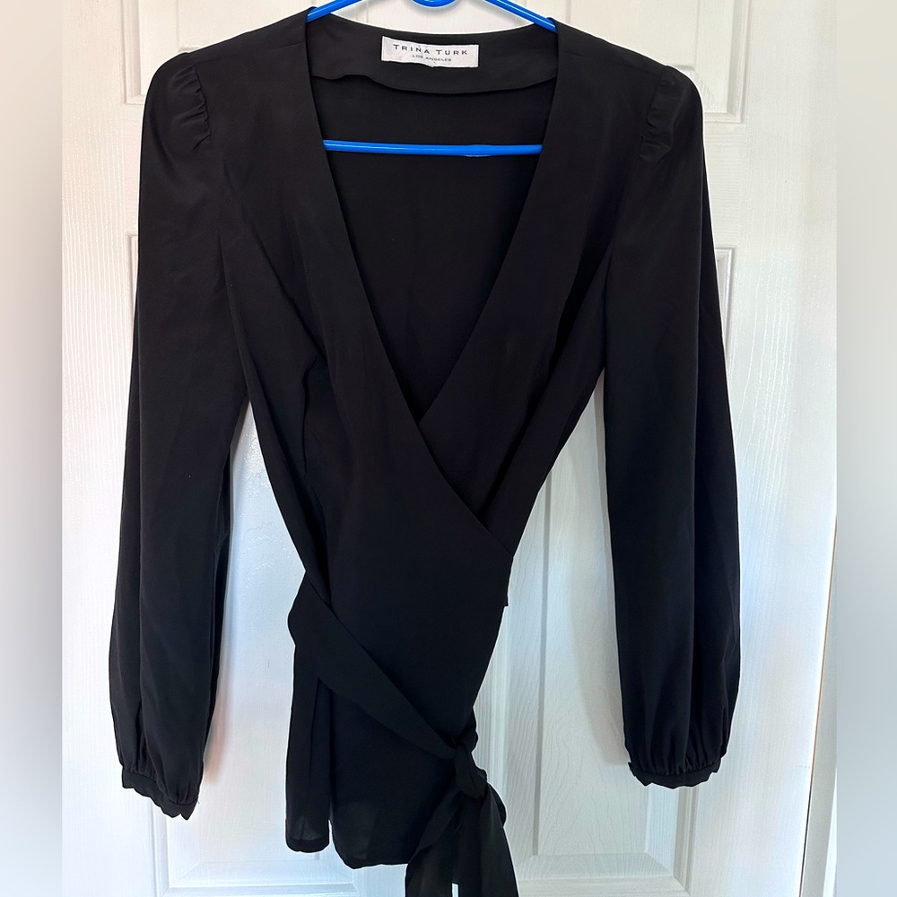 Trina Turk Silk black wrap blouse